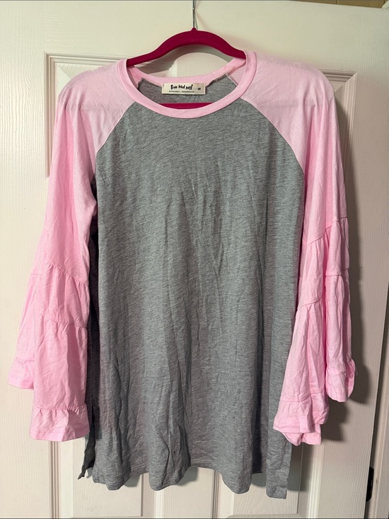 Three Bird Nest Tops - Three Bird Nest Pink & Gray Ruffle-Sleeve Raglan Long Sleeve Top